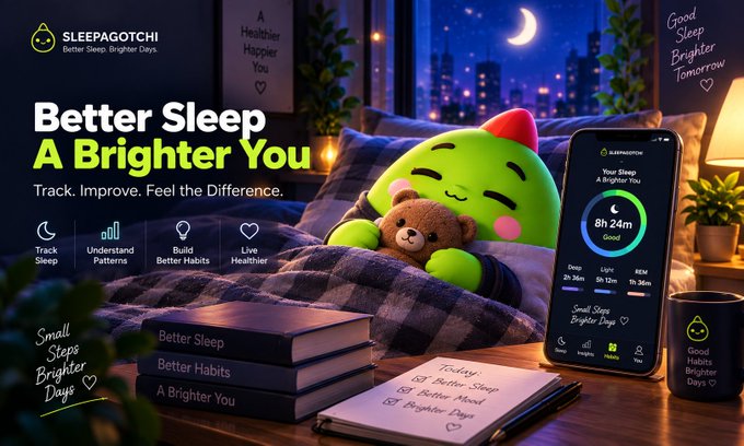 A 'SLEEPAGOTCHI' advertisement reading 'Better Sleep A Brighter You – Track. Improve. Feel the Difference,' featuring a green plush character in bed with a smartphone displaying '8h 24m' of sleep.
