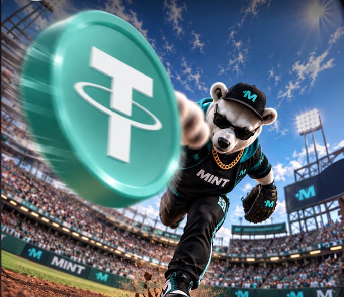A dynamic sports-style image featuring a white bear mascot in a 'MINT' branded baseball uniform and sunglasses, leaping forward to catch a large teal coin with the Tether logo in a packed stadium.