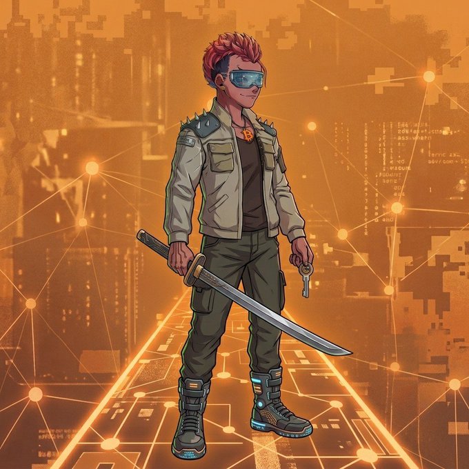 The image features a man dressed in a brown jacket and green pants holding a sword while standing on a platform with a network of lines surrounding him, which appears to be an orange background. The caption above the image reads "Core doesn't only own the key to Bitcoin finance Core is the key. When you think about unlocking Bitcoin putting Bitcoin to Work, think Core because Core is the ultimate blockchain technology Unlocking Bitcoin utilities". This suggests that Core's role in Bitcoin is significant and essential for its functioning.