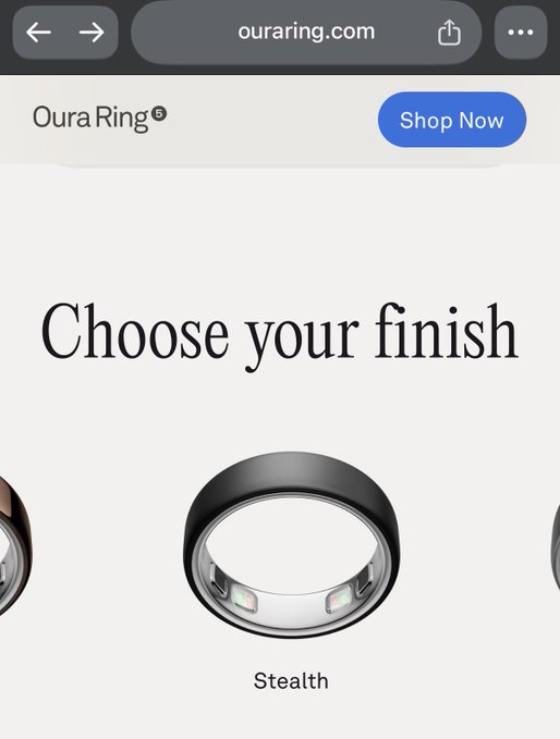 Screenshot of ouraring.com showing a product page with the heading 'Choose your finish' and a black Oura Ring labeled 'Stealth'.