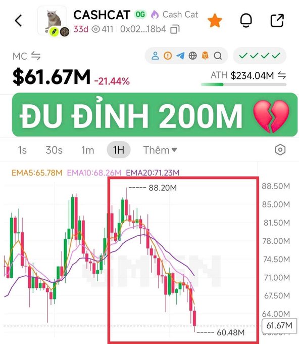 Crypto price chart for CASHCAT token showing $61.67M (-21.44%) with Vietnamese text 'ĐU ĐỈNH 200M 💔' and a red box highlighting a price drop from 88.20M to 60.48M.