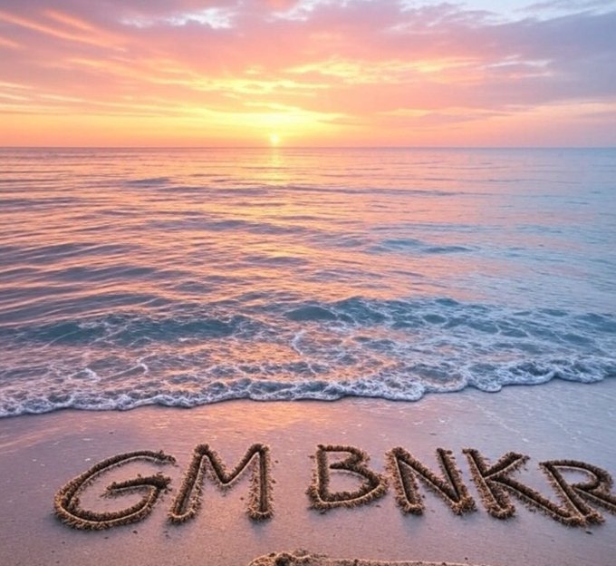 A scenic sunset over the ocean, with gentle waves washing onto the sandy beach where the letters 'GM BNKR' have been written in the sand.