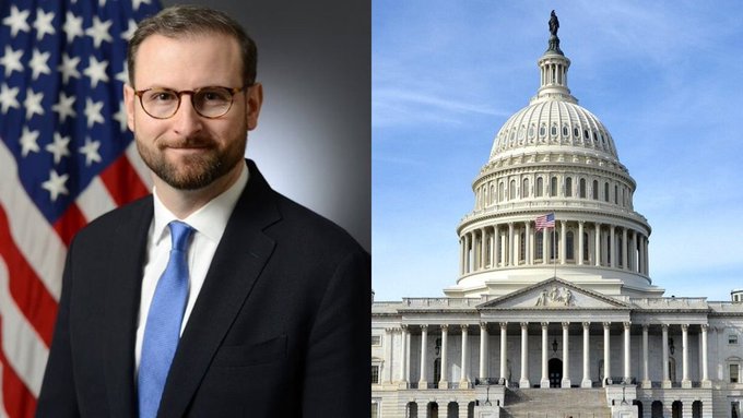 A split image showing a man with glasses and a beard in a suit next to an American flag on the left, and the U.S. Capitol building on the right.