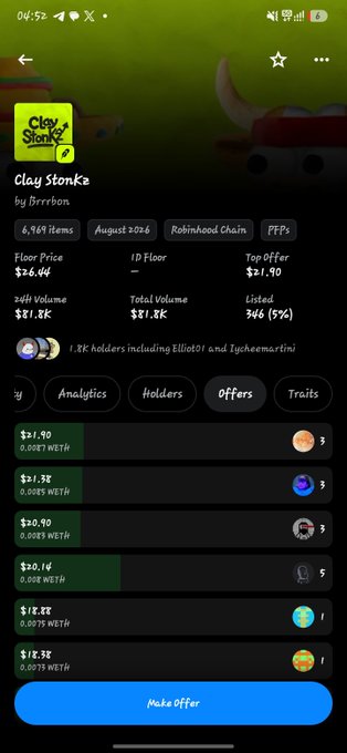 A screenshot of the "Clay Stonks" NFT collection by Brtxban shows a floor price of $26.44 and 24h volume of $1.8K, with a top offer of $1.10—suggesting the creator's post "It was fun while it lasted. They are here." refers to holders and bots driving the floor down amid an oversaturated market.
