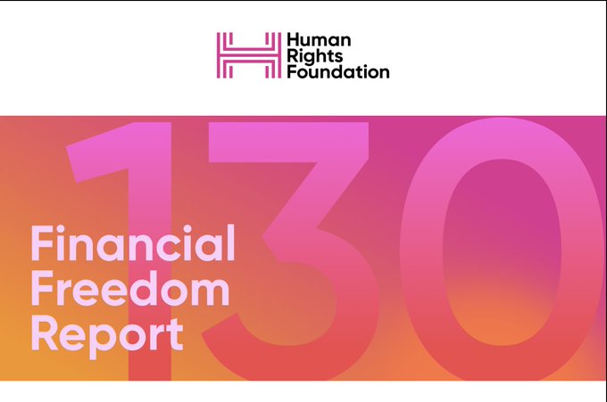 The image is the cover of the Human Rights Foundation's "130 Financial Freedom Report," featuring a pink-to-orange gradient background with bold white "130" numerals. The accompanying post highlights that HRF featured a partnership with Turnkey in this report, focusing on enabling instant, non-custodial Bitcoin in every app through embedded wallets.