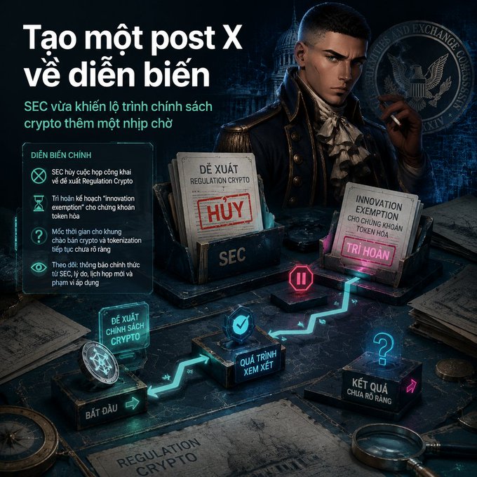 A Vietnamese infographic titled 'Tạo một post X về diễn biến' depicts the SEC's crypto regulation timeline, featuring a 3D illustration of a man in historical attire and documents labeled 'HỦY' and 'TRÌ HOÃN'.