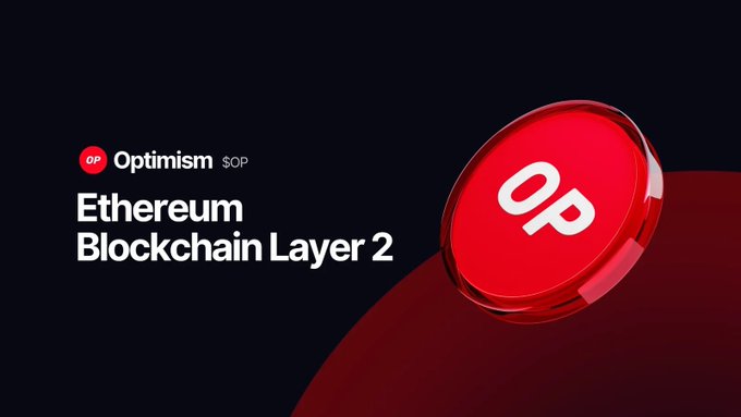 A promotional graphic for Optimism ($OP) labeled 'Ethereum Blockchain Layer 2' with a red 3D coin logo.
