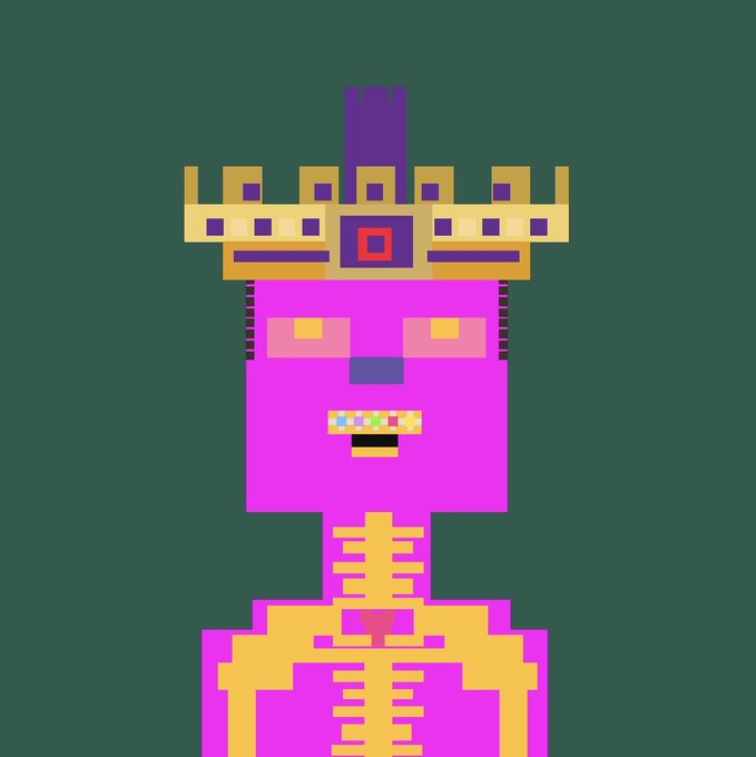 A pixel art image depicts a purple character wearing a golden crown with purple jewels and a golden, skeletal-patterned outfit.