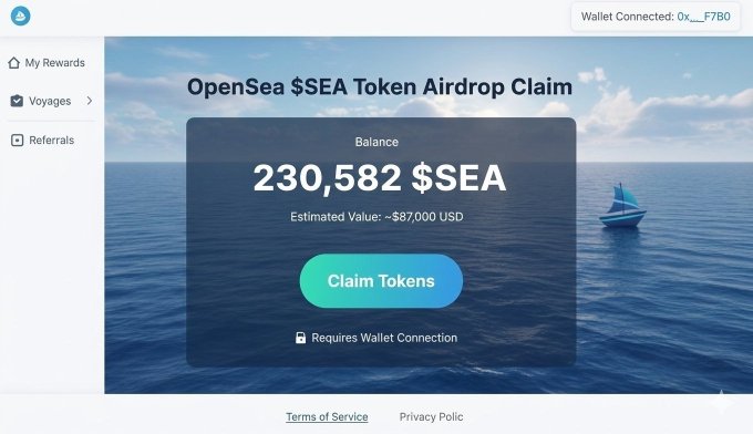 A scam website impersonating OpenSea displays a fake "$SEA Token Airdrop Claim" page offering 230,582 $SEA tokens (~$87,000 USD) with a "Claim Tokens" button requiring wallet connection, satirizing the crypto community's anticipation ("wen") for an OpenSea token airdrop.