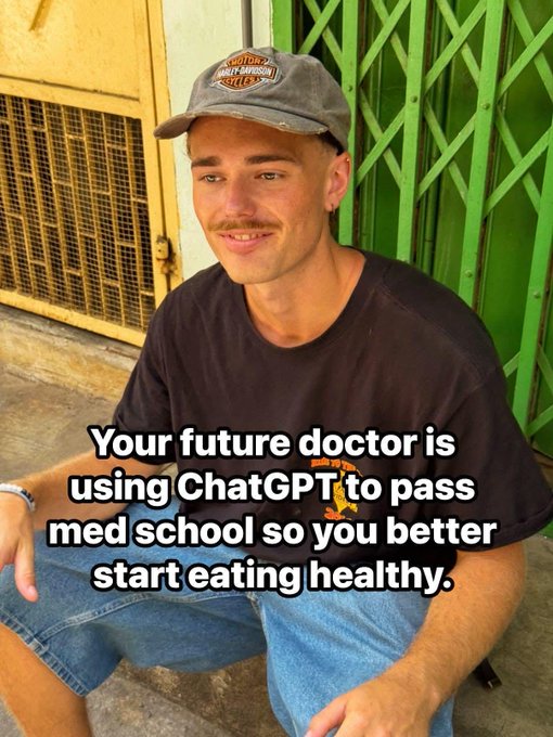 A young man wearing a Harley-Davidson cap and black t-shirt sits smiling in front of a green gate, with overlaid text reading "Your future doctor is using ChatGPT to pass med school so you better start eating healthy."