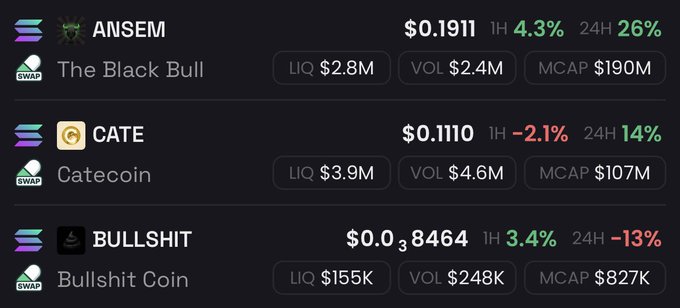 A cryptocurrency price listing showing tokens ANSEM ($0.1911), CATE ($0.1110), and BULLSHIT ($0.038464) with their respective liquidity, volume, and market cap data.