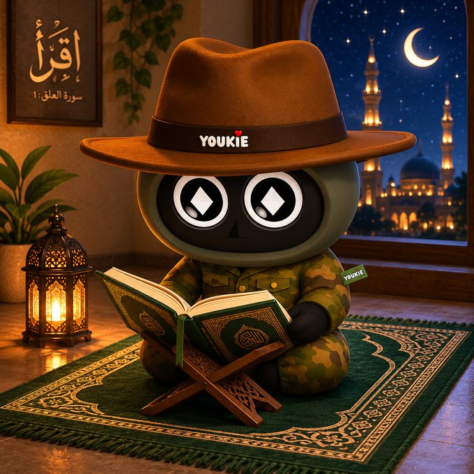 A 3D-rendered character in a brown 'YOUKIE' hat reads a green book on a prayer rug, with Islamic calligraphy, a lantern, and a mosque visible in the background.