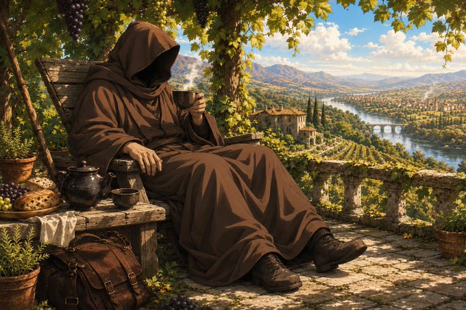 A hooded figure in a brown robe sits on a stone terrace holding a steaming cup, overlooking a sunlit river valley with vineyards, a stone bridge, and grape vines draping overhead.