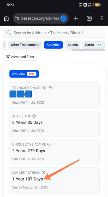 A mobile browser displaying the basescan.org analytics page for a cryptocurrency address, with an orange arrow pointing to a 'Longest Streak' of 1 Year 107 Days since June 23, 2025.