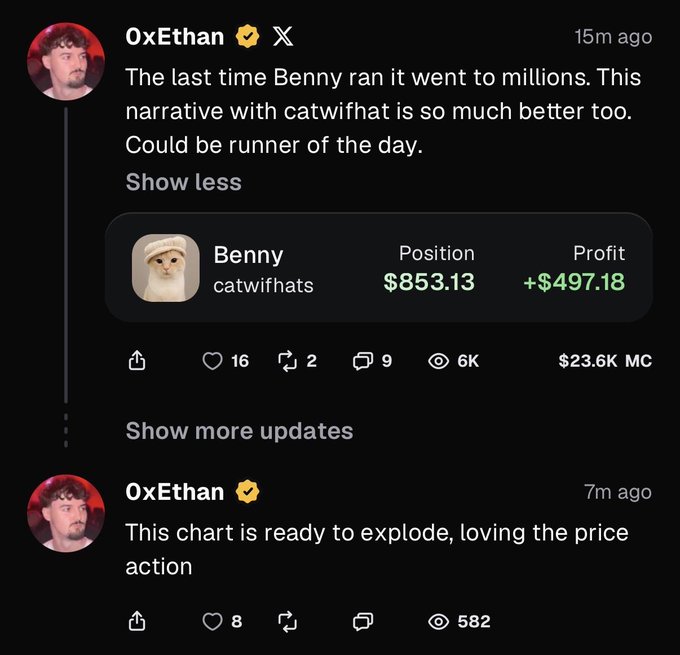 A Twitter thread from 0xEthan shows him promoting "Benny" ($catwifhats) at a $853.13 position with +$497.18 profit and a $23.6K market cap, alongside a separate post where he says "This chart is ready to explode, loving the price action" at a 582-view post. The captioned post mocks Ethan for praising "price action" on low-cap tokens at around 8K market cap before his posts inflated visibility.