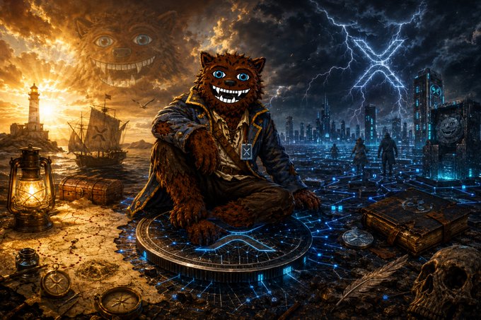A fantasy digital illustration shows a grinning, brown furry creature sitting on a glowing blue coin marked with an 'X', with a lighthouse scene on the left and a lightning storm over a futuristic city on the right.