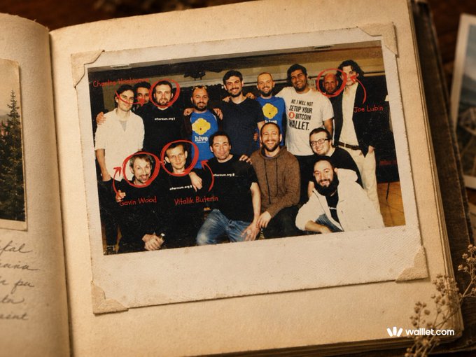 The image features a group of people posing for a photo inside an album or book with a caption that reads "Happy Father's Day, to the founding fathers of Ethereum". The group consists of men wearing t-shirts with various designs on them, including one with the words "Love and respect" written in red. They are gathered around each other, smiling and enjoying their time together as they pose for this special occasion.