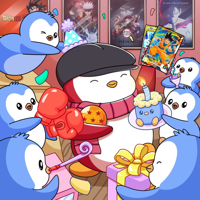A cartoon penguin wearing a party hat and boxing gloves sits at a birthday celebration with penguin friends, surrounded by Dragon Ball posters and anime collectibles, celebrating SHL_eth's birthday in a fitting tribute to the team member's love of penguins, boxing, and anime.