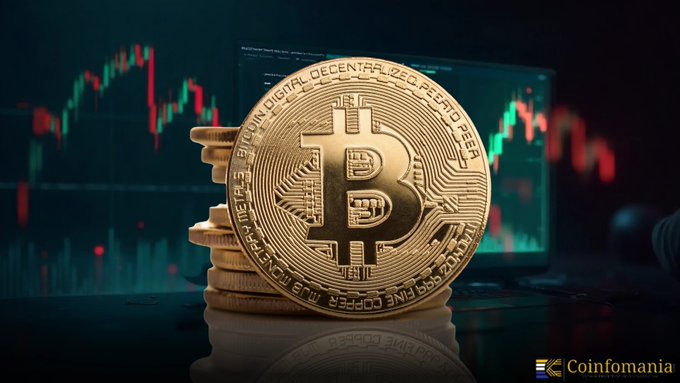 A close-up photograph of a gold physical Bitcoin coin standing upright on a reflective surface, with a trading chart showing red and green candlesticks in the background, branded with 'Coinfomania' in the corner.