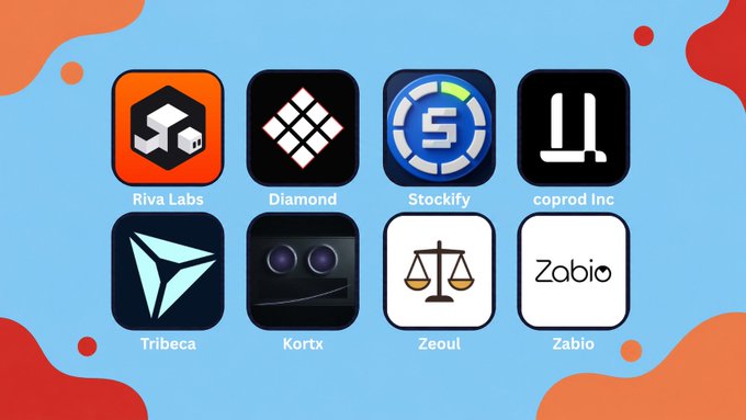 A graphic showing eight app icons arranged in two rows against a light blue background with red accents. The icons are labeled: Riva Labs, Diamond, Stockify, coprod Inc, Tribeca, Kortx, Zeoul, and Zabio.
