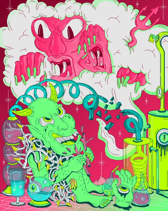 A vibrant, stylized digital illustration shows a green goblin-like creature with curly teal hair surrounded by beakers, flasks, and laboratory equipment, while a red demon emerges from green clouds above.