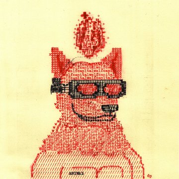 A red-toned illustration of a figure wearing goggles, created entirely from text and code-like patterns on a yellow background.