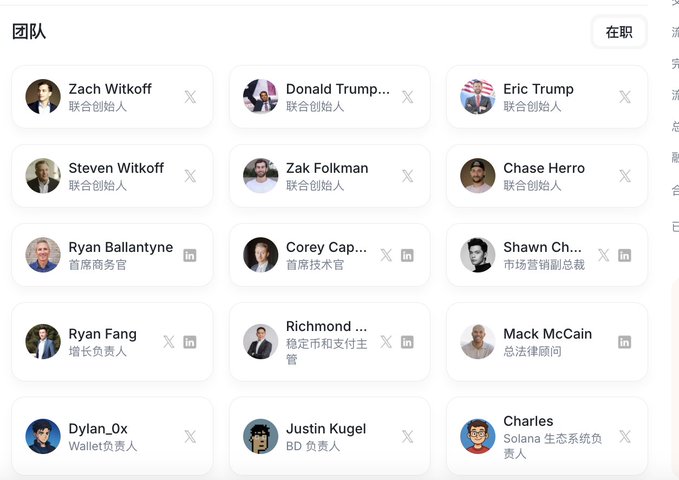 A team page in Chinese showing the World Liberty Financial team, including Zach Witkoff, Donald Trump, Eric Trump, Steven Witkoff, Zak Folkman, and Chase Herrro, all listed as co-founders (联合创始人).