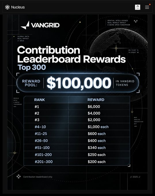 An infographic for 'VANGRID' showing 'Contribution Leaderboard Rewards' for the Top 300, with a $100,000 reward pool in Vangrid Tokens; rank #1 receives $6,000, #2 receives $4,000, #3 receives $2,000, scaling down to $200 each for ranks #201–300.
