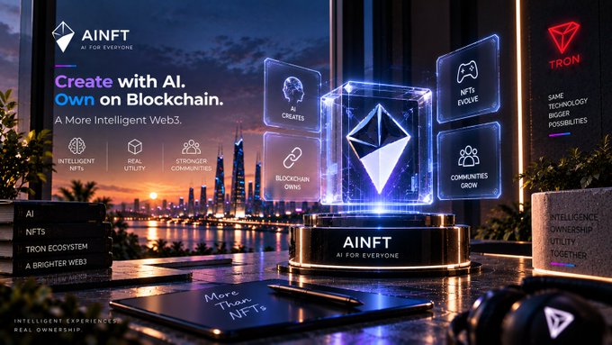Promotional graphic for AINFT with the tagline 'AI FOR EVERYONE' and 'Create with AI. Own on Blockchain. A More Intelligent Web3.', featuring Tron branding and icons for AI Creates, NFTs Evolve, and Communities Grow.