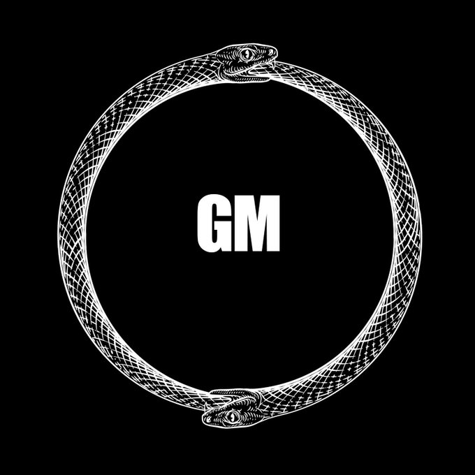 A black and white ouroboros design featuring a snake biting its own tail in a circle, with the letters 'GM' in bold white text in the center.