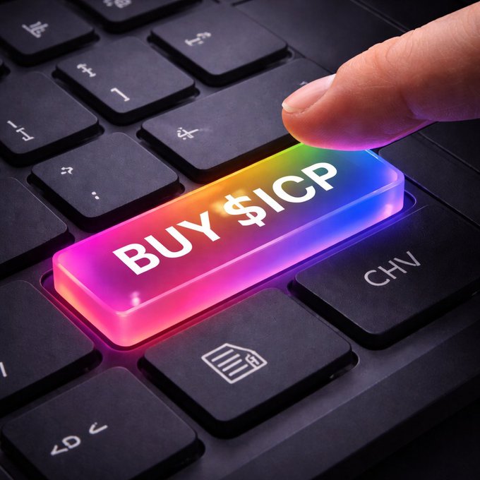 A finger presses a glowing, rainbow-lit "BUY $ICP" button on a laptop keyboard, signaling a bullish call to action on the Internet Computer (ICP) token—perfectly aligning with the post's energetic "GM, it's time to" rallying cry.