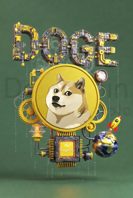 The image features a cartoon dog with a yellow circle around its head, which has the word "dog" written above it. Below this, there are various gears and other objects that appear to be part of a machine or contraption. The background is green, and the text on the image reads "Dogecoin $DOGE". This suggests that the image might be related to cryptocurrency or digital currency, possibly featuring a humorous or whimsical take on the concept of Dogecoins.