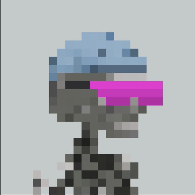 A pixel art character wearing a blue beanie and a pink and gray scarf stands against a light blue background.