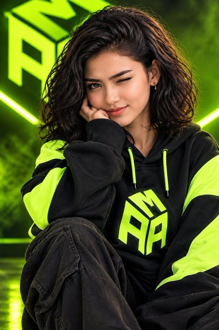 A young woman winks at the camera while wearing a black and neon green AMAAR hoodie in front of a neon-lit background.