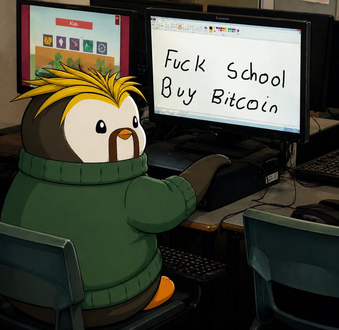 An illustrated penguin wearing a green sweater sits at a Lenovo computer displaying "Fuck School Buy Bitcoin" in MS Paint, humorously reinforcing the post's anti-school and crypto-enthusiast sentiments.