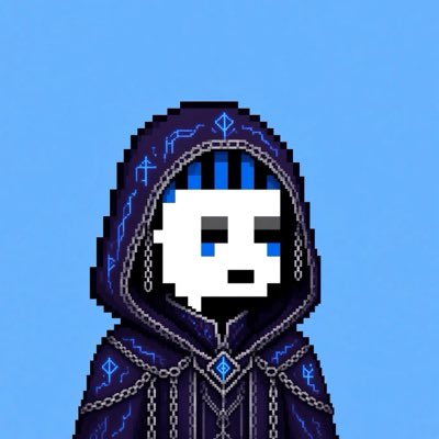 A pixel art character wears an ornate dark purple hooded robe with silver chains and a glowing blue gem, set against a solid light blue background.