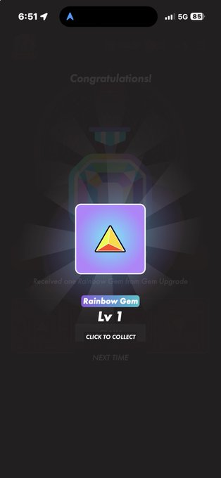 A mobile game screen displaying 'Congratulations! Received one Rainbow Gem from Gem Upgrade' with a Lv 1 Rainbow Gem icon and a 'CLICK TO COLLECT' button.