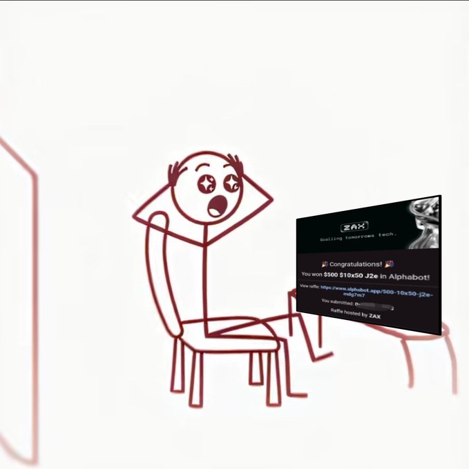 A meme-style illustration of a stick figure with starry eyes excitedly looking at a screen displaying a message that reads 'Congratulations! You won $500 10x50 J2e in Alphabot!', hosted by ZAX.