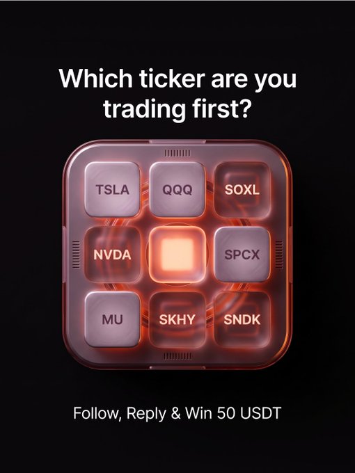 The image features a glowing, futuristic 3x3 grid of stock tickers (TSLA, QQQ, SOXL, NVDA, SPCX, MU, SKHY, SNDK) under the heading "Which ticker are you trading first?", with a footer promoting a Bybit giveaway offering "Follow, Reply & Win 50 USDT." The graphic serves as the visual prompt for the social media contest, encouraging followers to pick their preferred ticker for a chance to win.