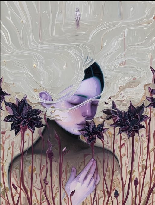 A digital illustration of a purple-skinned figure with flowing white hair, eyes closed, surrounded by dark purple flowers and a small figure walking a path in the upper portion.