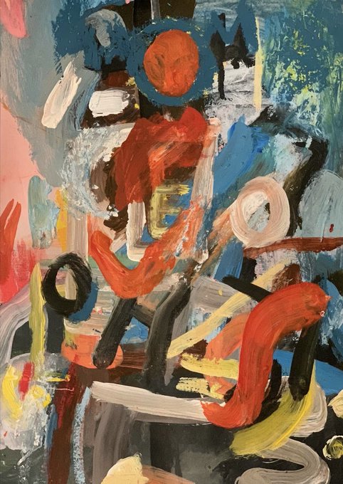 An abstract painting featuring bold brushstrokes in red, orange, blue, yellow, and black colors with various shapes and forms.