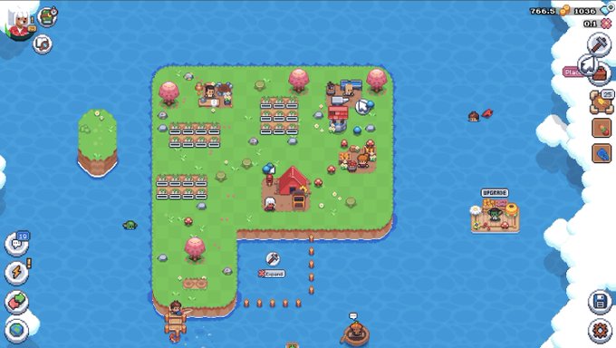 A screenshot of a 2D pixel-art farming or building game showing an island with crops, animals, and characters surrounded by blue water and clouds.