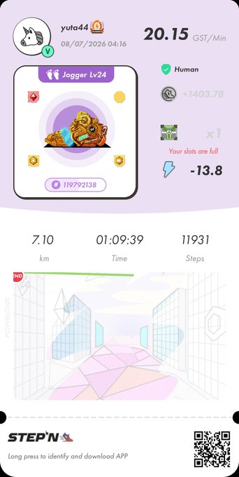 A screenshot from the STEPN app showing user 'yuta44' with a 'Jogger Lv24' status, displaying stats like 20.15 GST/Min, 7.10 km, 11931 steps, and a QR code at the bottom.