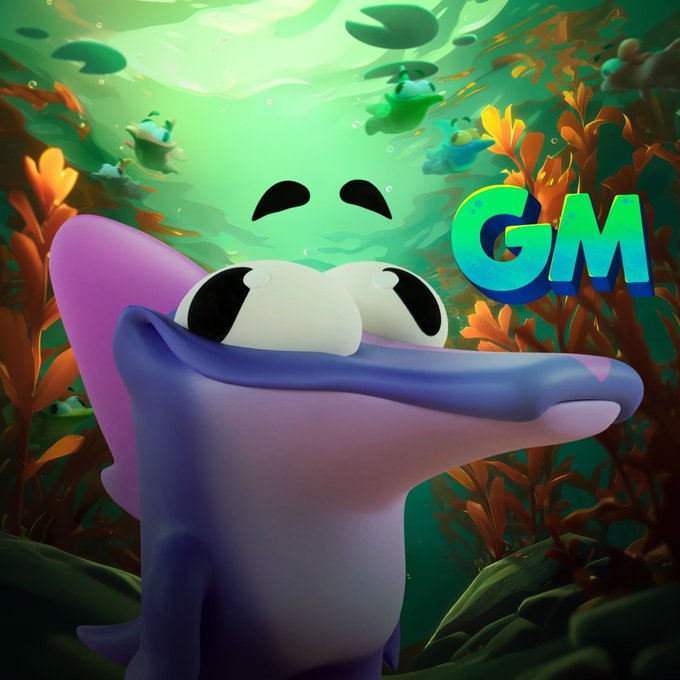 A 3D animated purple and blue shark character underwater with small frogs floating above and a 'GM' (Good Morning) text graphic.