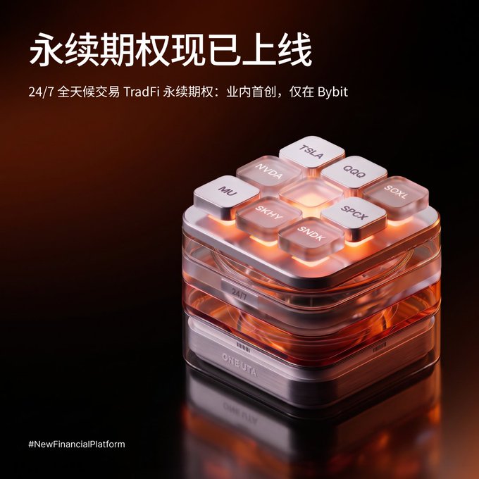 A promotional image with Chinese text '永续期权现已上线' (Perpetual Options Now Live) advertises 24/7 TradFi perpetual options on Bybit, featuring stock ticker keys like TSLA, NVDA, QQQ, MU, SOXL, SKHY, SPCX, and $NDX.