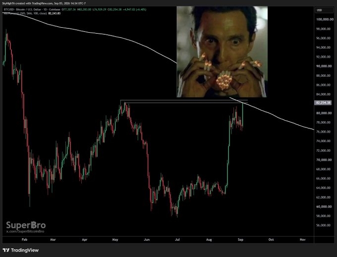 A TradingView chart shows BTC/USD on G.U.S. Dollar - 1D - Coinbase at $82,263.85 (+4.40%), with price testing resistance near the May highs and a descending 365-day SMA, accompanied by a meme image of a man nervously biting his nails—reflecting market tension as Bitcoin pushes toward a key technical barrier.