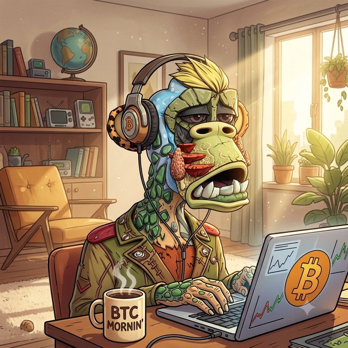 An illustration of a green-skinned anthropomorphic creature with blonde hair, dressed in a jacket, wearing Bitcoin-themed headphones and using a laptop displaying the Bitcoin logo, with a 'BTC MORNIN'' coffee mug nearby.