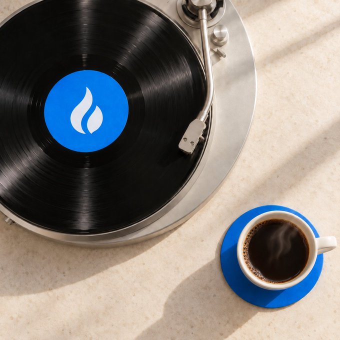 A vinyl record player sits on a beige surface next to a cup of coffee, with the record's blue label featuring a white logo matching the flame-like symbol on the blue coaster beneath the coffee cup.