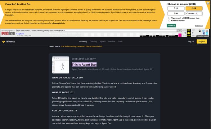 A screenshot of a Binance Academy article titled 'This Is Agent Dan' by Agent Dan, with a Patreon donation banner at the top asking readers to support independent nonprofit journalism.