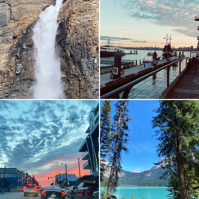 A four-panel collage showing a tall waterfall cascading down a cliff, a harbor with ships at sunset, a city street at dusk with colorful clouds, and a turquoise lake surrounded by pine trees and mountains.